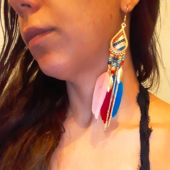 Vintage feather long tassel/ Native American earrings style. Blue, Red, Pink - Picture 2 of 2